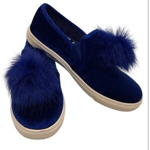Betsey Johnson Zappp Royal blue velvet loafers with pom poms women’s 7.5…
